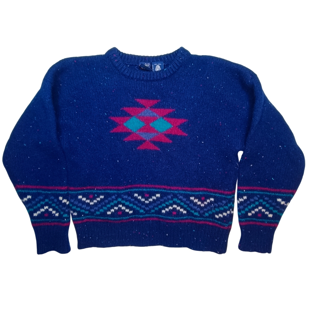 Vintage GANT The Rugger Wool Blend Sweater Navy Blue Geometric Aztec Print